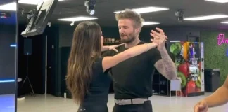 Victoria y David Beckham bailando salsa