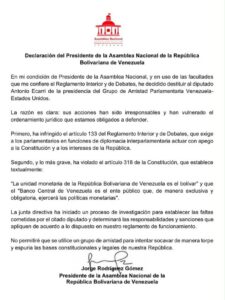destitución diputado Antonio Ecarri NDV
