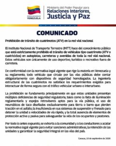 INTT circulación cuatrimotos NDV